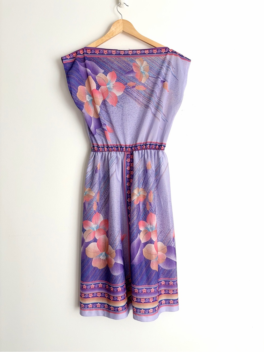 Vintage 80s Purple Floral Border Print Batwing Midi Dress Resort